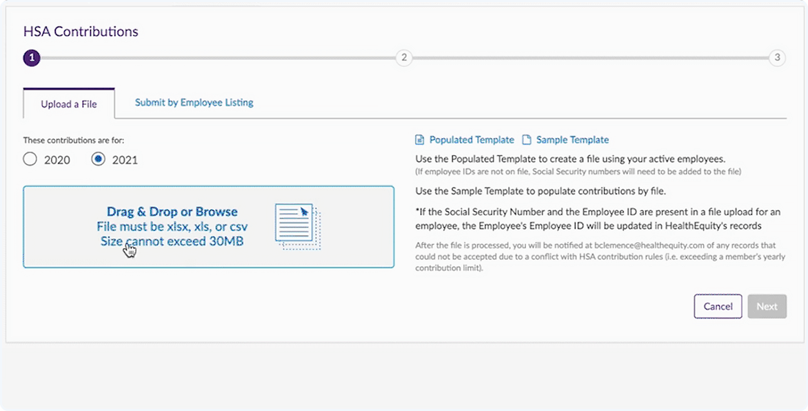 Benefits manager dashboard: contributions screen